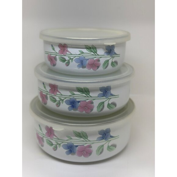VTG 70s Floral Enamel Storage Bowl Set with Plastic Lids Set of 3 Retro Kitchen - Picture 2 of 9